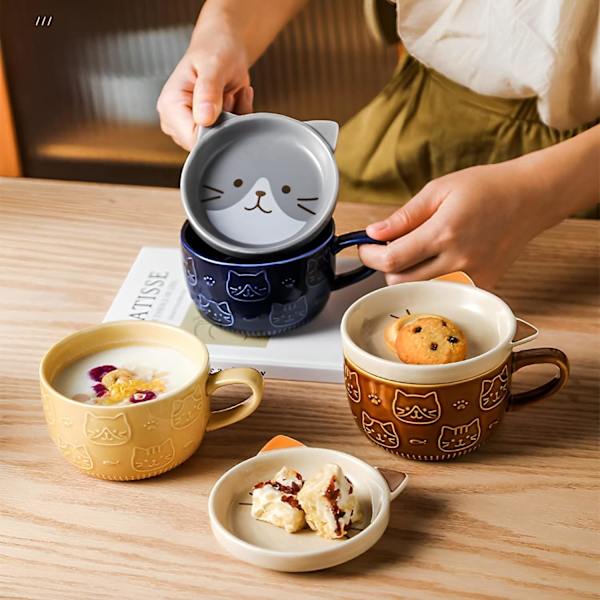 Söt mugg med lock, djur kaffekopp tekopp fat set, födelsedagspresenter Alla hjärtans dag mors dag påsk julklappar (katt)