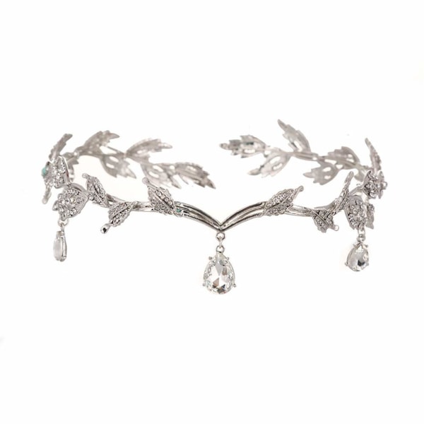 Crystal Bridal Tiara Goddess Leaf Crown Forehead Headbands for Wedding (Silver)