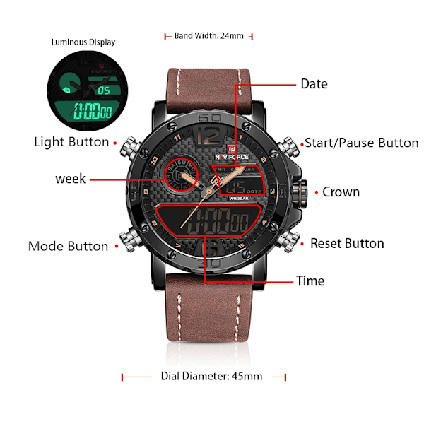 2021 NAVIFORCE Toppmärke Sportklockor Herr Läder Vattentät Man Kvarts Digital Dubbel Klocka Man Armbandsur Relogio Masculino BGYB-with Box