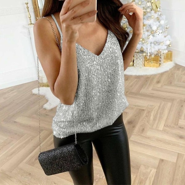 WomensGlitterStrappyTankTopsLadiesSexySparkleCamiSwingVestClubwear