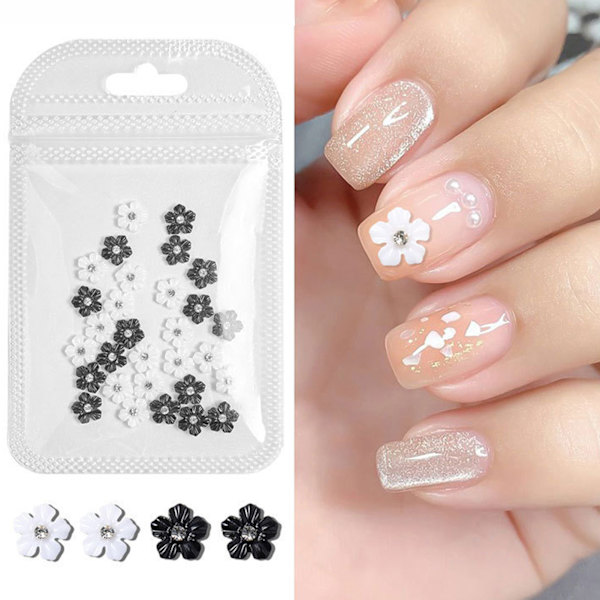 3D-blomspikkonst Svart Vit 5 Kronblad Blomspikdekorationer för DIY-nageldekoration