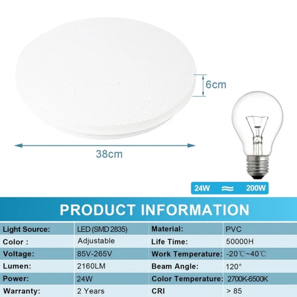 Kauko-ohjattava himmennettävä 24 W:n LED-kattovalaisin, säädettävä värilämpötila (2700–6500 K), 1080 lumenia kylpyhuoneeseen