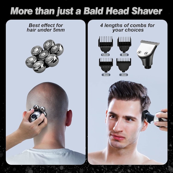7D Skalphovedbarbermaskin for menn, Beedove 6-i-1 våt/tørr elektrisk barbermaskin for ansikt og hode