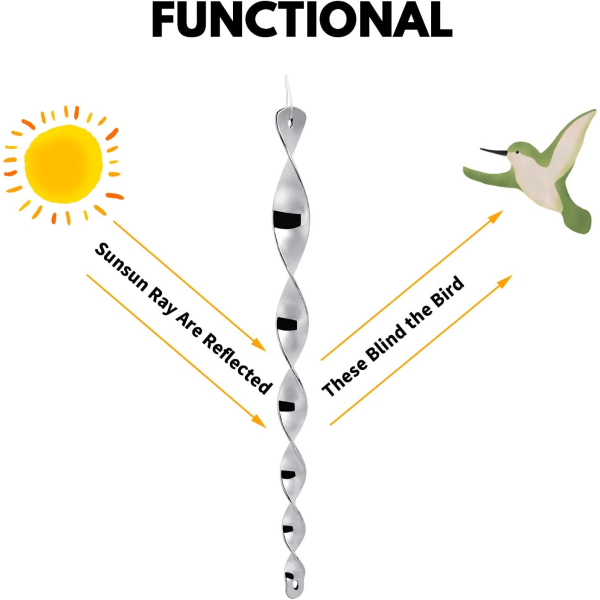 Sett med 12 reflekterende vindspiraler, fugleskremsel