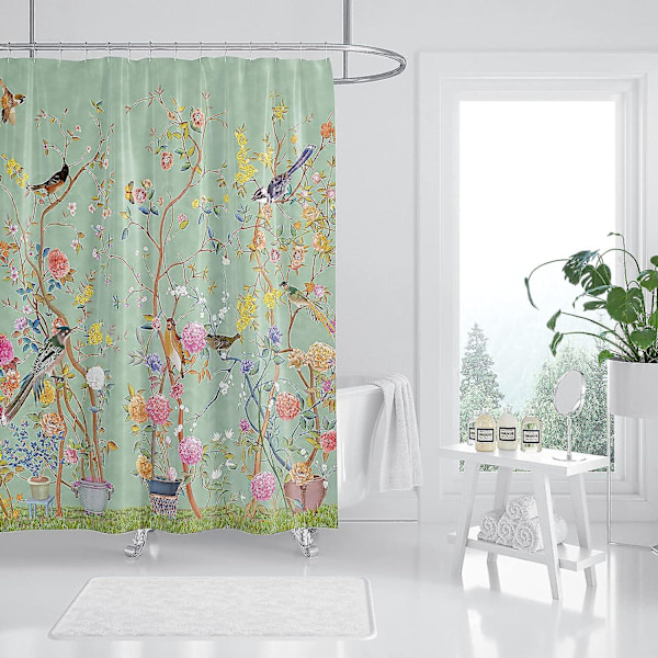 Duschdraperi Grön Mögelresistent Vattentätt Fågel Blomma Badrumsgardiner Med 12 Krokar 150x180cm