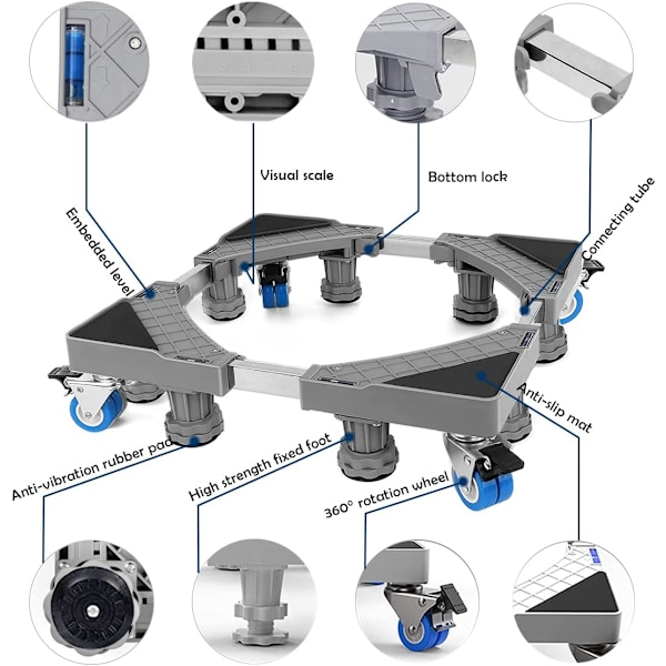 Säädettävä pesukoneen ja jääkaapin jalusta 41,5 cm-65 cm pesukoneen ja kuivausrummun jalusta 4 pyörällä ja 8 jalalla, meluvaimennus iskunkestävä kuivausrummun teho