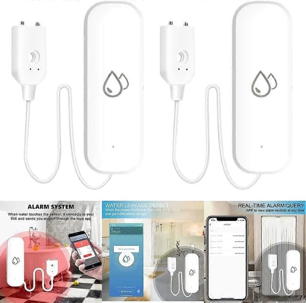 Smart vattenläckagedetektor 2-pack, Tuya WiFi-sensor med appvarningar och kontroll-FY-