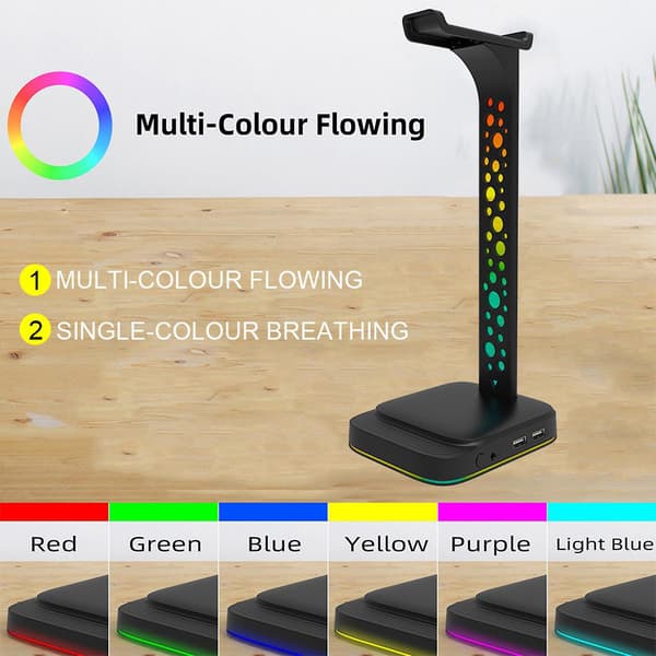 RGB Gaming Headset Shelf, Headset Stand with 3.5mm AUX and 2 USB Charging Ports, Desktop Stand for Gaming Headset with Rubber Base-FY-