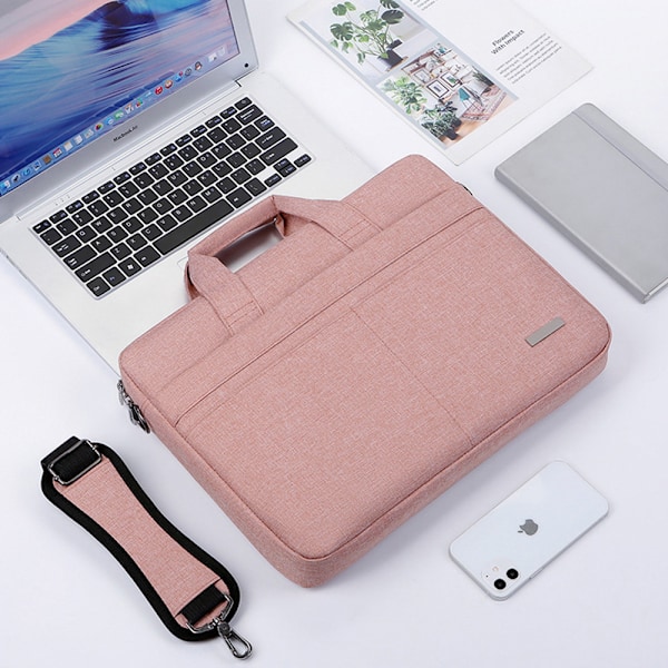 Laptopväska, 15,6 tum, vattentät, stöttålig, notebook axelväska, med axelrem och dolt handtag, rosa
