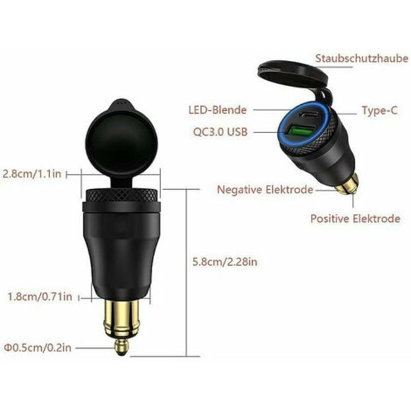 Motorcykel USB-cigarettænderadapter - Dobbelt USB-stik - 12V PD 3.0 og QC 3.0 - Til BMW-motorcykel,（Lyseblå sort skal)