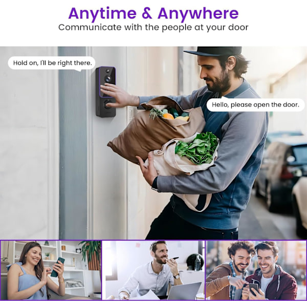 Trådløs videodørklokke og innendørs ringeklokke, 2-veis lyd, HD-nattsyn, AES-128 skylagring, sanntidsvarsler, smart hjembeskyttelse