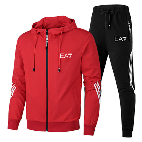 Menn Sport Hettegenser Tracksuit Sett Langermet Full Zip Hettegenser Sweatshirt Jakke + Joggebukser Sweatpants Antrekk Rød Red 2XL