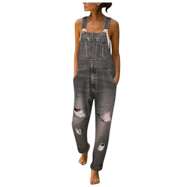 Dame Vasket Denim Bib Jeans Overalls Casual Ripped Denim Jumpsuits Rompers Gray XXL