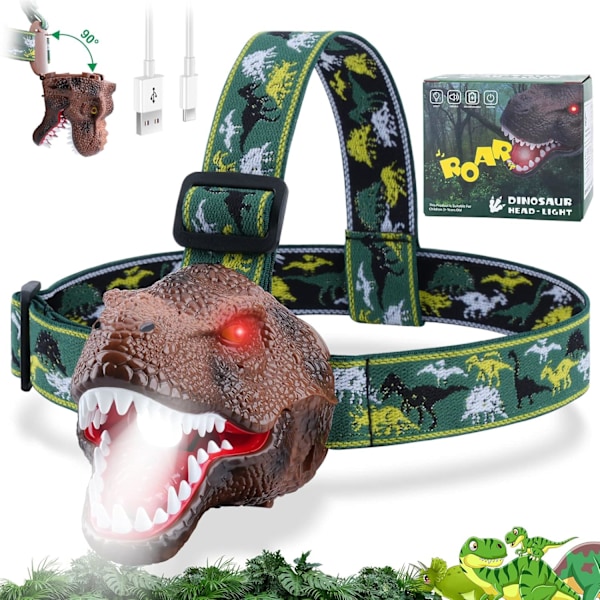 Lasten T-Rex-otsalamppu, LED-otsalamppu akulla, LED-otsalamppu karjuvalla äänellä, otsalamppu 2 valaistustilalla, dinosauruksen lelu