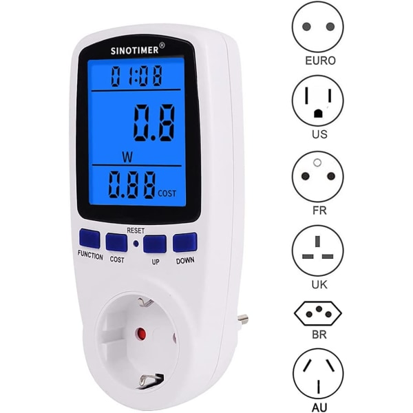 Digital Wattmeter Socket Strømmåler Watt Energimåler KWh AC 230V 120V Elektrisitet med Bakgrunnsbelysning Hvit FR Plugg 230V, 16A