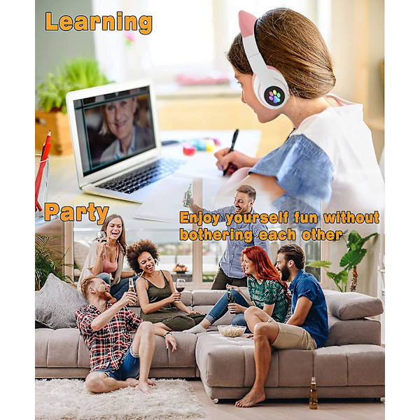 Zk-barnehodetelefoner med mikrofon, trådløse Bluetooth-hodetelefoner med LED-katteører, sammenleggbare barnehodetelefoner for skole/nettbrett/telefon/pc/tv, rosa/hvit