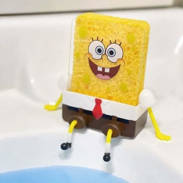 Tegneserie svampeholder med svamp, køkkensvampe Spongebob-holder, køkkenvask hylde svamp afløbshylde