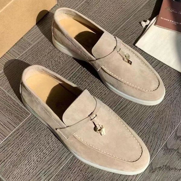 Sommersko for kvinner Loafers Mockasiner i semsket skinn med lås, komfortable myke såler, flate sko i plussstørrelse Beige Beige 44