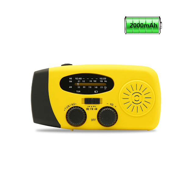 Aurinkokennolla toimiva hätäradio, käsikäyttöinen, sääradio LED-taskulampulla, puhelimen virtapankkilaturi, eurooppalainen versio Yellow