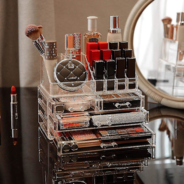 Akryl gennemsigtig makeup-arrangør og opbevaring stabelbar hudpleje kosmetisk display-etui med 4 skuffer Makeup-stativer kompatibel med smykker hårtilbehør