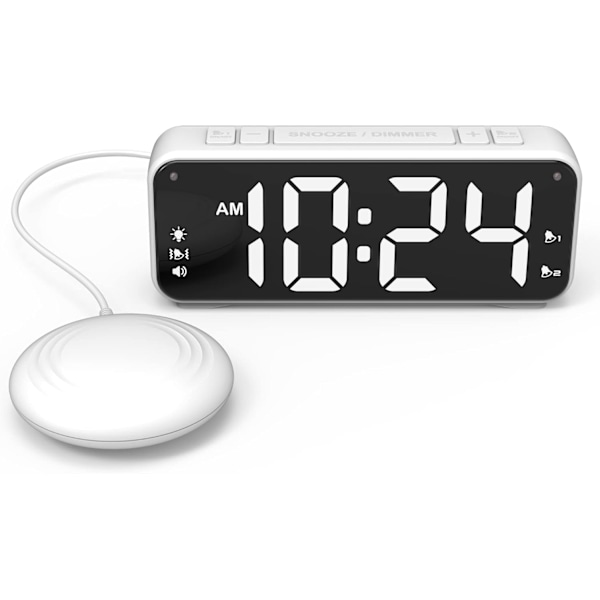 Vibrerande väckarklocka, extra högt alarm för tunga sovare, extra stor display för äldre med dubbla alarm, VIT White