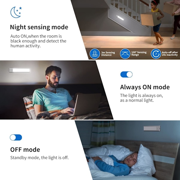 Garderobebelysning, 6000K Oppladbart LED-lys for innendørs garderober, trådløs, magnetisk, dimbar LED-lamper med bevegelsessensor