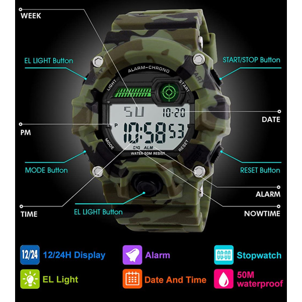 Digitala klockor för barn, militärsportklocka för pojkar med larm/timer/stöttålig