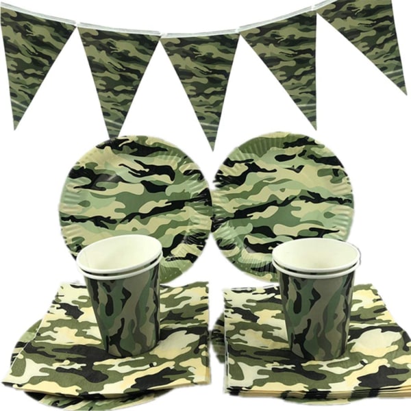 41-pack engångsbordsservis med kamouflagemönster, kamouflagefestartiklar med kamouflageplattor, muggar, servetter och triangelflagga för armé