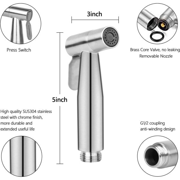 Håndholdt bidet dusj, høytrykks håndholdt bidet sprøyte Premium sprøyte i børstet rustfritt stål Bidet Vannbesparende dusjhode
