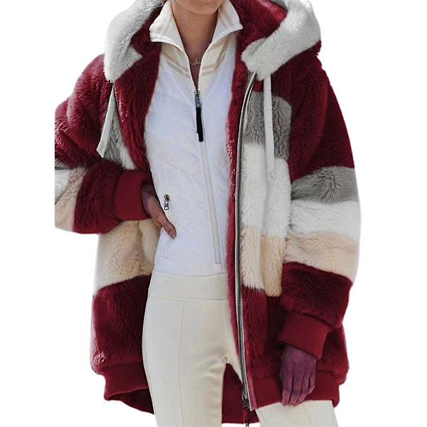 Kvinnors Färgblock Långärmad Teddybjörn Fleecejacka Vinter varm kappa CMK Vinröd Wine Red M