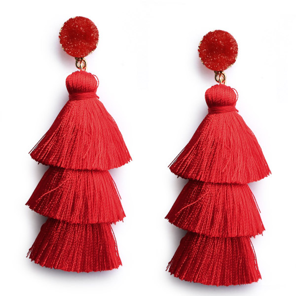 Layered Tassel Earrings Bohemian Layered Tassel Pendant Earrings (Red)