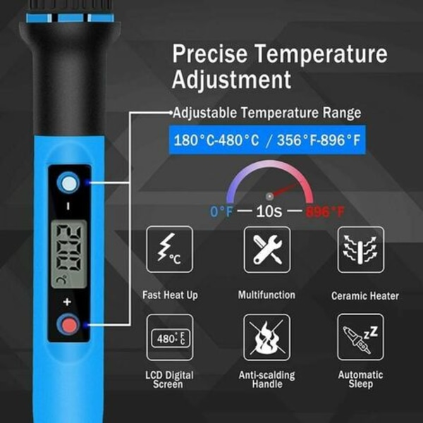 80W loddeboltsett, med justerbar temperatur og digital LED-skjerm, levert med forskjellige loddespisser.