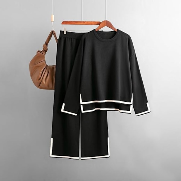 Damesportstøj, sweatre, oversized casual lange ærmer, pullovere, højtaljede vidde bukser, casual jakkesæt Sort S