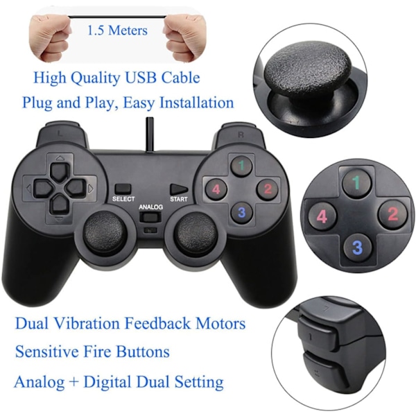 USB-kabel tilsluttet spilcontroller Pi fjernbetjening Gamepad Gaming Joystick Dual Vibration Joypad