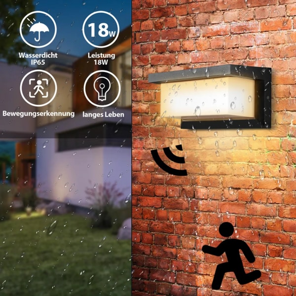 18W LED vegglampe: IP65 utendørsbelysning med bevegelsessensor for terrasse og hage, varm hvit