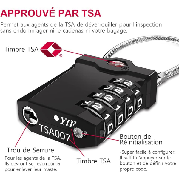 Koffertlås, TSA 4-sifret kombinasjonslås for bagasje med åpningsalarm, treningsstudiokabelskållås (2 stk, svart)