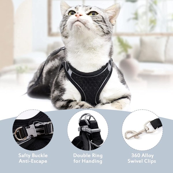 Andningsbar och justerbar kattsele - kattkoppel med reflex - halsband, selar och koppel för katter och små hundar - svart (XS)