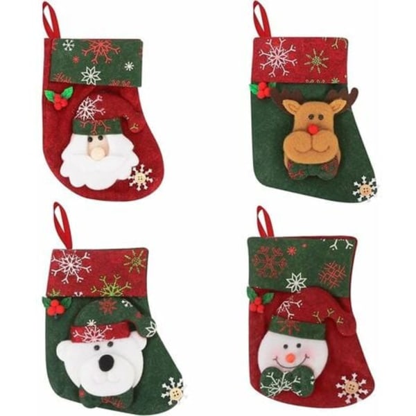 Mini julstrumpor, 4-pack julkortsformade julstrumpor, 16cm 3D mini julstrumpor med tomte,