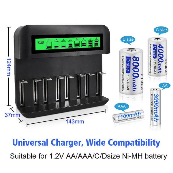 Lcd Universal batteriladdare - 8 fack Aa /aaa /c /d batteriladdare med LCD-skärm