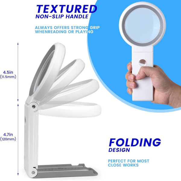 30X 10X Forstørringsglass med Lys og Stativ, Foldbar Håndholdt Forstørringsglass
