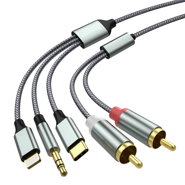 Lightning-RCA-kaapeli, ääniliitäntäsovitin, RCA-3,5 mm -kaapeli, USB C - 2 RCA -äänikaapeli, 3-in-1-äänikaapeli autoon, kotiteatteriin, kaiuttimiin ja muuhun