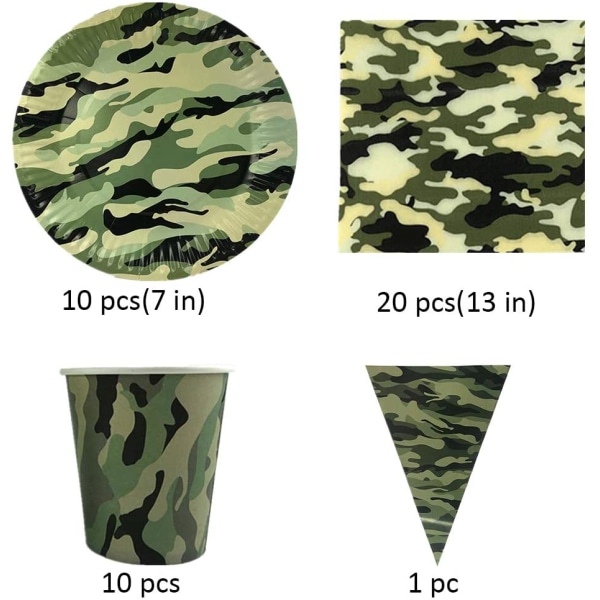 41-pack engångsbordsservis med kamouflagemönster, kamouflagefestartiklar med kamouflageplattor, muggar, servetter och triangelflagga för armé