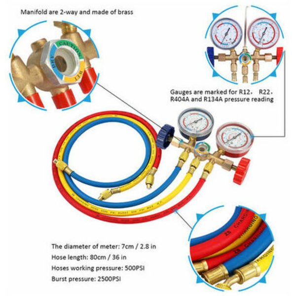 Klimaanleggverktøy med slange og krok for R12 R22 R404A R134A, kjølemiddelmanifold trykkmålersett