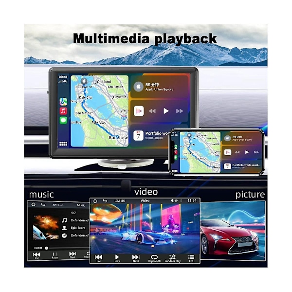 Bärbar trådlös Carplay-skärm för instrumentbrädan, 7-tums pekskärm bilstereo Bluetooth, FM-bilradio - Perfet