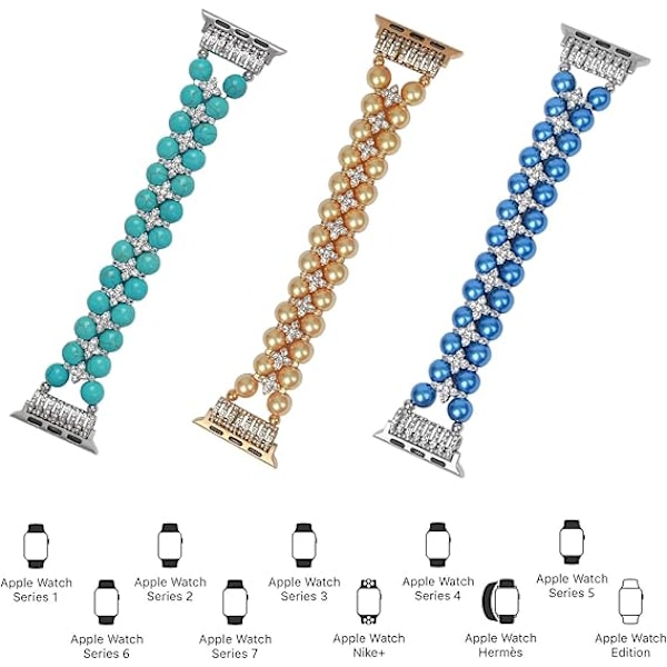 Pærle Armbånd Kompatibelt med Apple Watch Rem Dame 42/44/45mm, Kunstig Elastisk Stræk Bling Diamant Smykke Armbånd Udskiftningsrem 42/44/45mm