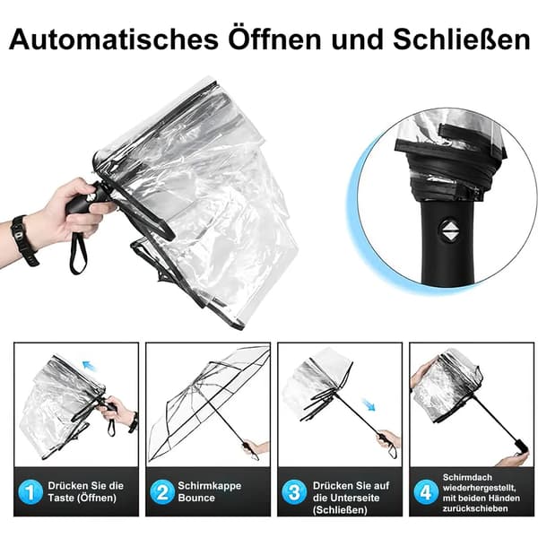 Foldable Transparent Umbrella, Waterproof and Windproof Pocket Umbrella, Automatic Open and Close, Clear View-FY-