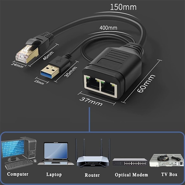 Ethernet-jakaja 1 sisään, 2 ulos, Internet-jakaja, RJ45 Naaras - Kaksois Naaras Verkkoliitin, 100 Mbps Nopea Internet-verkko LAN reitittimelle, TV-boksille