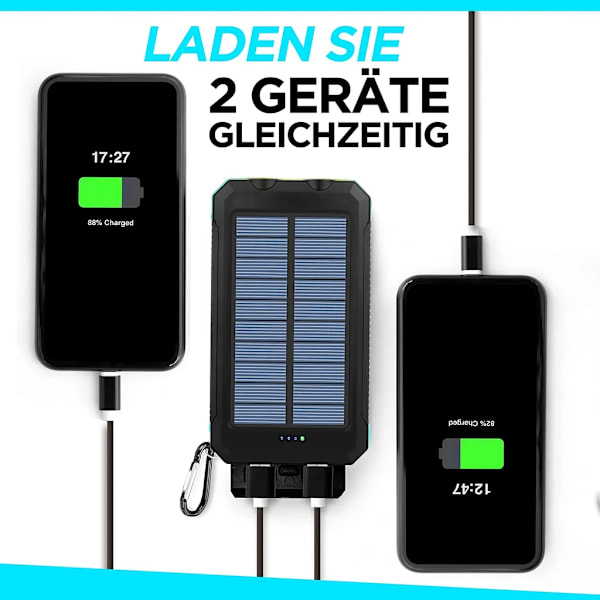 Solcellsladdare, 20000mAh Vattentät Solcellsladdare USB Extern Batteri med 2 Uttag Tabletter och Mer, med Ficklampa och Kompass
