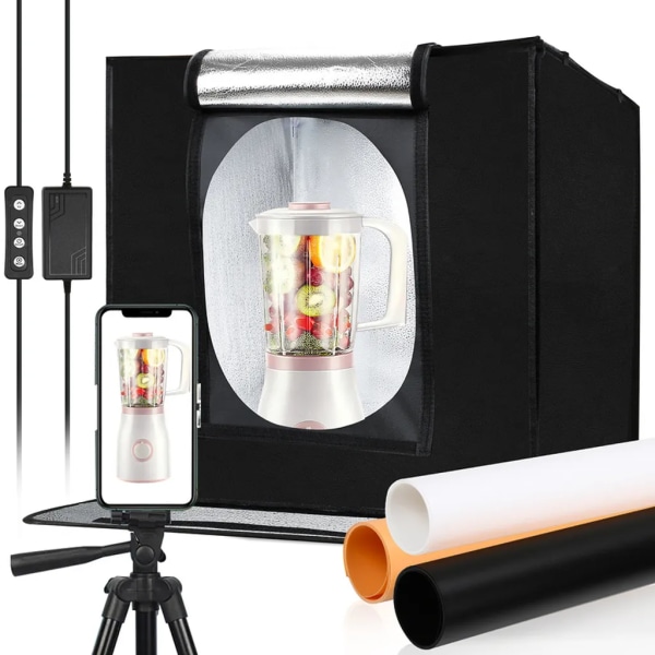 Fotostudioset 60 x 60 x 60 cm: Ljuslåda, fotoram, LED-ljusbox, 3 PVC-bakgrundsfilmer