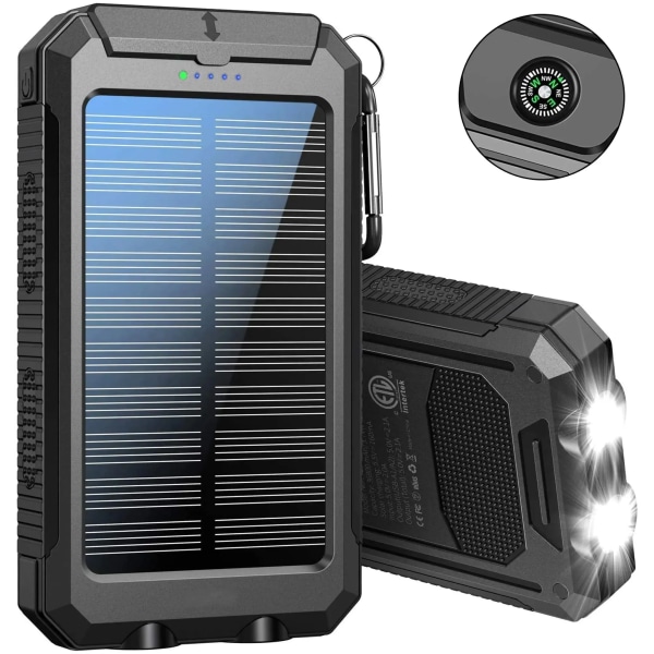 Solar Powerbank, 20000mAh vattentät solladdare Externt USB batteri med 2 utgångar för surfplattor och mer, med ficklampa och kompass